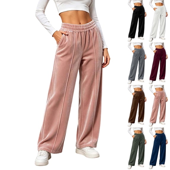 Women's Velour Straight Leg Vintage Pants Fall Elastic Waist High Rise Loose Fit Soft Fashion Casual Trousers With Pockets