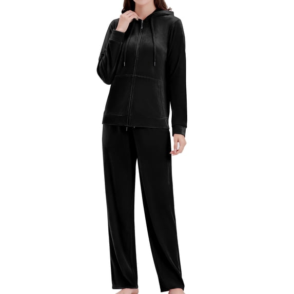 Women's Velour Sweatsuits - 2 Pieces Velvet Tracksuits Long Sleeve Full Zip Outfits Hoodie & Sweatpants Sets (Black, S)