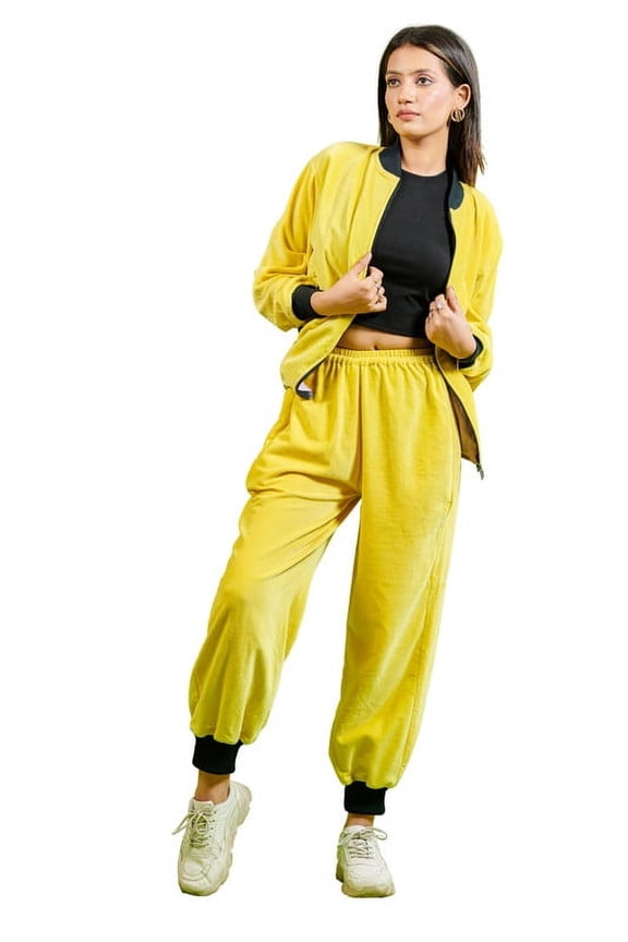 Women's Velour Zip-Up Jacket and Jogger Set - Vibrant Yellow