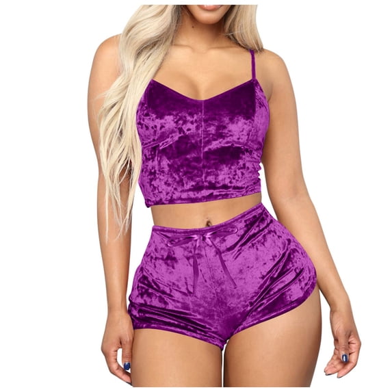 Women's Velvet 2 Piece Outfit Spaghetti Strap Crop Top Shorts Pajamas Set Sleepwear Nightwear