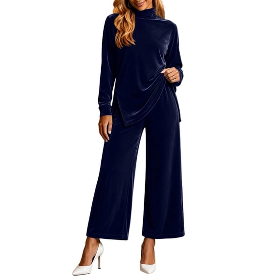 Women's Velvet 2 Piece Outfits Turtleneck Long Sleeve Side Slit Tunic Top and Wide Leg Pants Lounge Sets Fall Winter Tracksuit Dressy Holiday Party Outfit Black