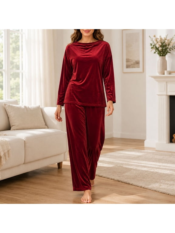 Women's Velvet 2 Piece Set Crew Neck Long Sleeve Top Wide Leg Pants Set XXXXXL