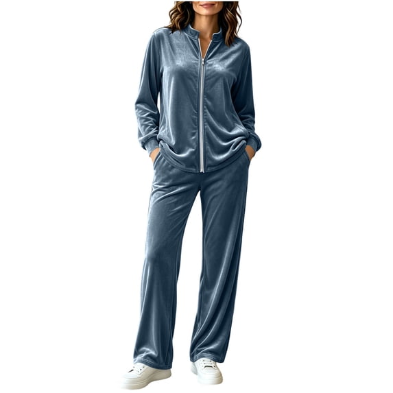Women's Velvet 2 Piece Tracksuit Zip Up Jacket Wide Leg Pants Set Stand Collar Casual Lounge Sweatsuit with Pockets Fall Winter Loungewear Gray