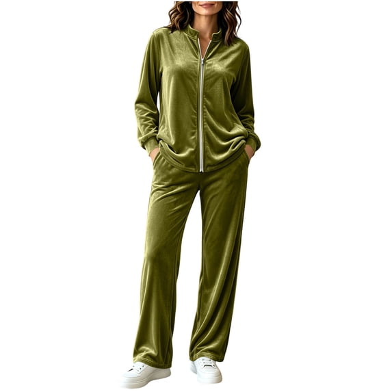 Women's Velvet 2 Piece Tracksuit Zip Up Jacket Wide Leg Pants Set Stand Collar Casual Lounge Sweatsuit with Pockets Fall Winter Loungewear Green