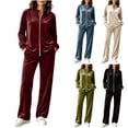 thumbnail image 1 of Women's Velvet 2 Piece Tracksuit Zip Up Jacket Wide Leg Pants Set Stand Collar Casual Lounge Sweatsuit with Pockets Fall Winter Loungewear Wine, 1 of 6
