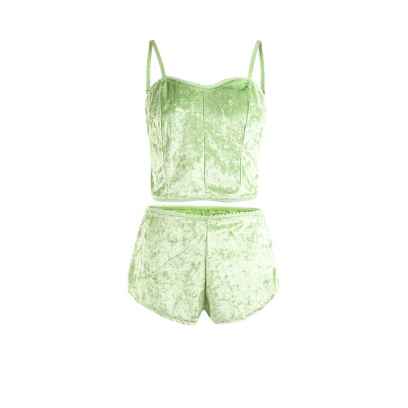 Women's Velvet 2PCS Outfits Sexy Spaghetti Strap Crop Top and Shorts Pajama Sets Pjs Lounge Wear