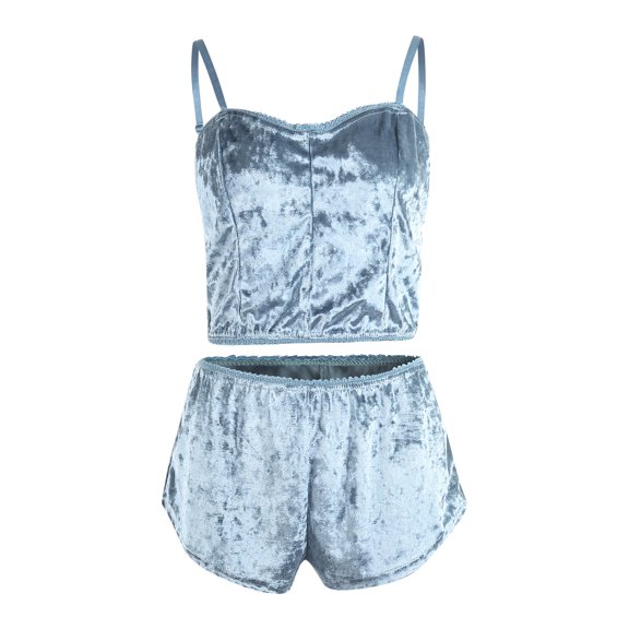 Women's Velvet 2PCS Outfits Sexy Spaghetti Strap Crop Top and Shorts Pajama Sets Pjs Lounge Wear