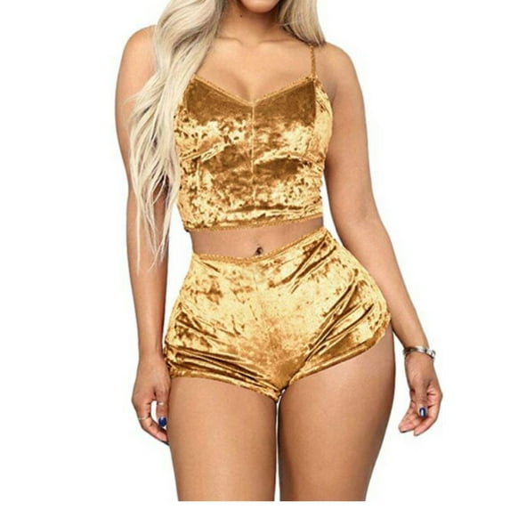 Women's Velvet 2PCS Outfits Sexy Spaghetti Strap Crop Top and Shorts Pajama Sets Pjs Lounge Wear