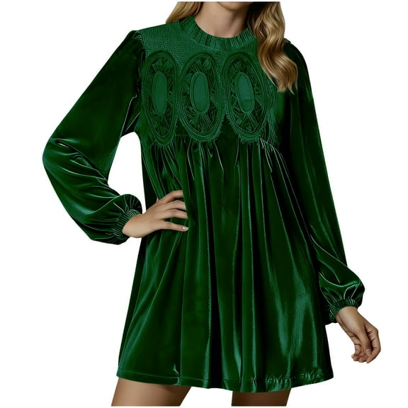 Women's Velvet Babydoll Dress with Lace Crew Neck Long Sleeve Pleated Swing Christmas New Years Eve Mini Dresses (2XL, Green)