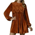 thumbnail image 1 of Women's Velvet Babydoll Dress with Lace Crew Neck Long Sleeve Pleated Swing Christmas New Years Eve Mini Dresses (M, Gold), 1 of 7