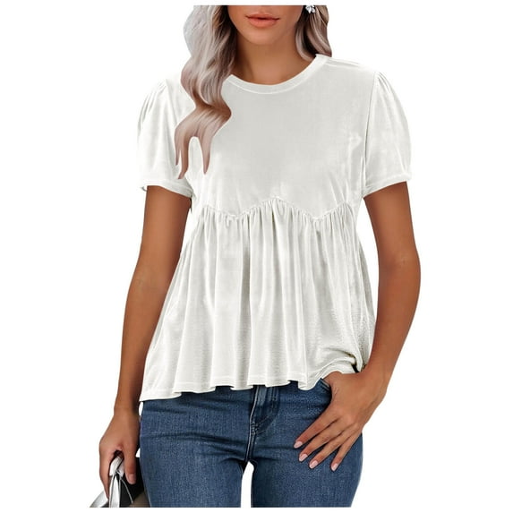 Women's Velvet Babydoll Tops Casual Round Neck Short Sleeve Flared Swing Peplum Blouse Elegant Pleated Loose Fit Shirts