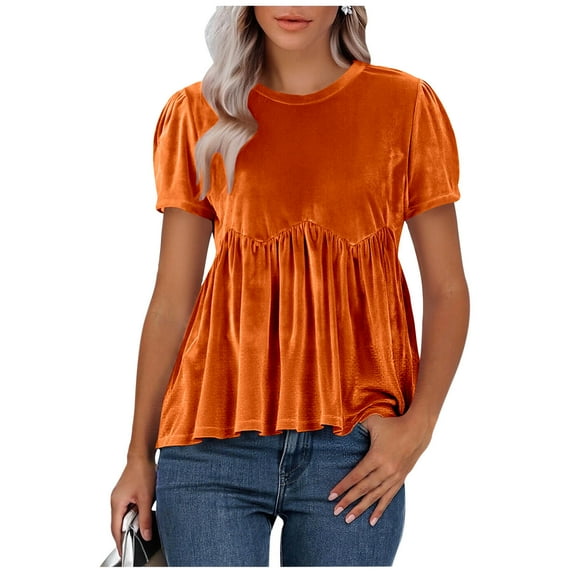 Women's Velvet Babydoll Tops Casual Round Neck Short Sleeve Flared Swing Peplum Blouse Elegant Pleated Loose Fit Shirts