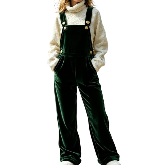 Women's Velvet Bib Overalls Adjustable Straps High Waist Wide Leg Jumpsuits with Pockets Gold Button Casual Christmas Holiday Outfits Green