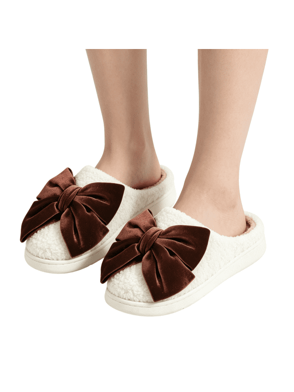 Women's Velvet Big Bow Fuzzy Mule Slippers, Elegant Large Velvet Bow Decor White Teddy Fleece Closed Toe House Shoes, Thick Non-Slip Sole Warm Indoor Bedroom Slippers