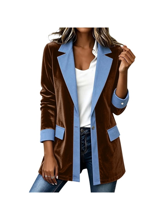 Women's Velvet Blazer Denim Trim Longline Open Front Jacket with Pockets Ladies Velour Coatigan with Button Fastening, Smart Casual Outerwear, Autumn Winter Work Party Jacekts