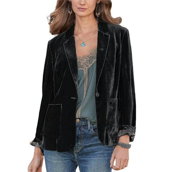 Women's Velvet Blazer Jacket Casual Button Up Long Sleeve Cardigan Suits Business Coat with Pockets Black XXL