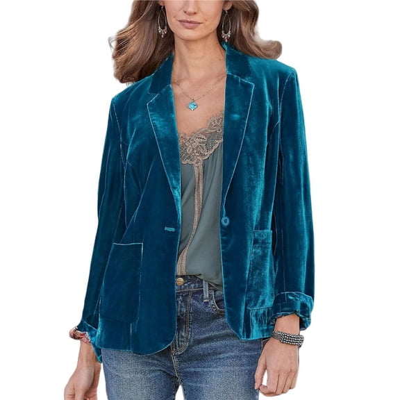 Women's Velvet Blazer Jacket Casual Button Up Long Sleeve Cardigan Suits Business Coat with Pockets Green L