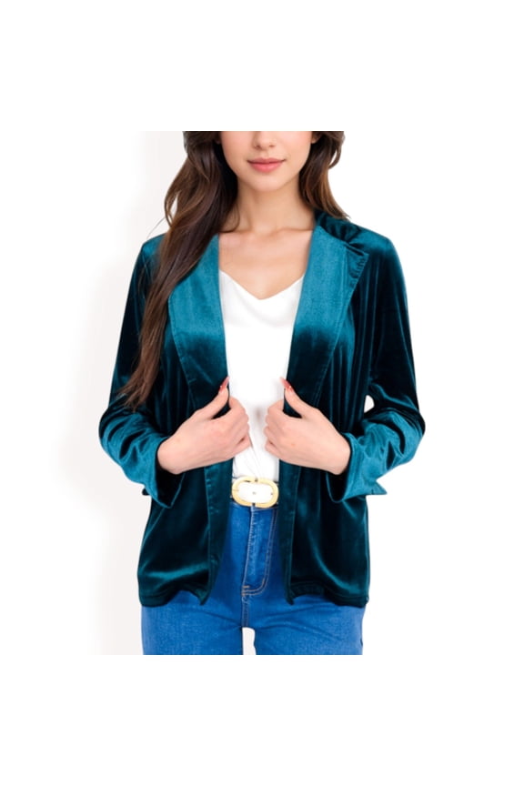 Women's Velvet Blazer With Notch Collar And Front Pockets- Olive Green,Large