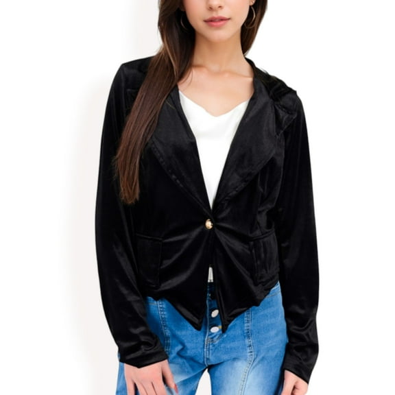 Women's Velvet Blazer with Single Button Closure - Large, Black
