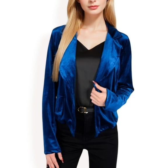 Women's Velvet Blazer with Single Button Closure - Small, Navy