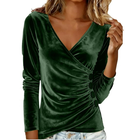 Women's Velvet Blouse Wrap V Neck Ruched Side Button Long Sleeve Solid Pullover Top Olive Green S