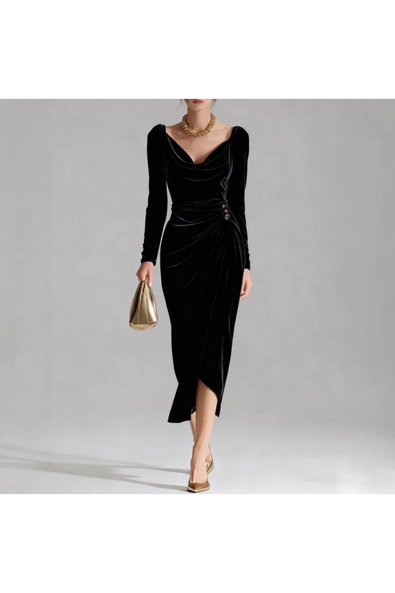 Women's Velvet Bodycon Dress, Sexy Cowl Neck Long Sleeve Formal Maxi Dress with High Slit, 2026 Fall Wedding Guest Dress, Slimming Evening Gown for Party Black XXL