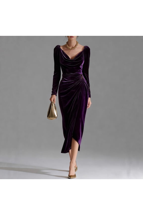 Women's Velvet Bodycon Dress, Sexy Cowl Neck Long Sleeve Formal Maxi Dress with High Slit, 2026 Fall Wedding Guest Dress, Slimming Evening Gown for Party Dark Purple L