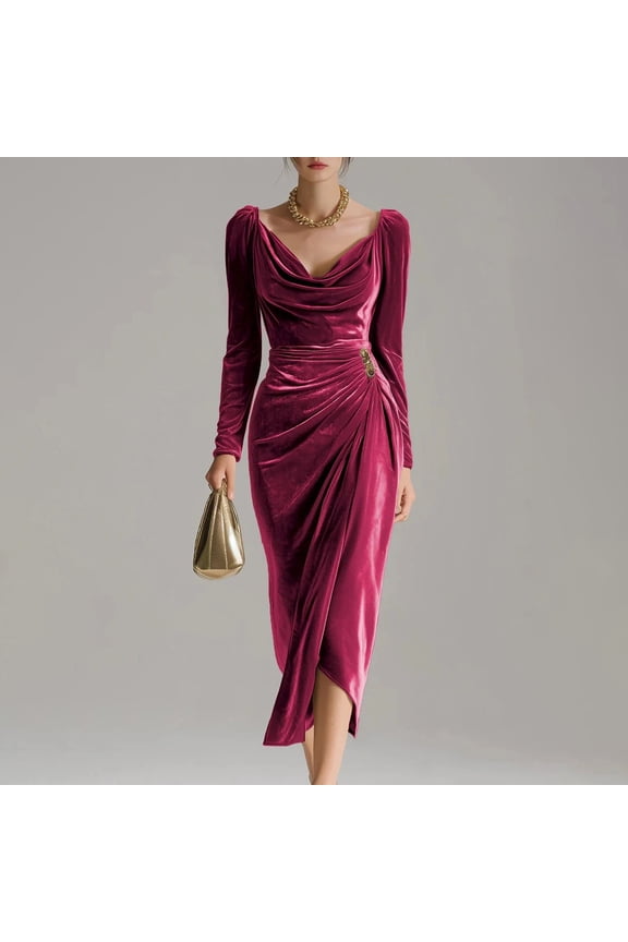 Women's Velvet Bodycon Dress, Sexy Cowl Neck Long Sleeve Formal Maxi Dress with High Slit, 2026 Fall Wedding Guest Dress, Slimming Evening Gown for Party Red M