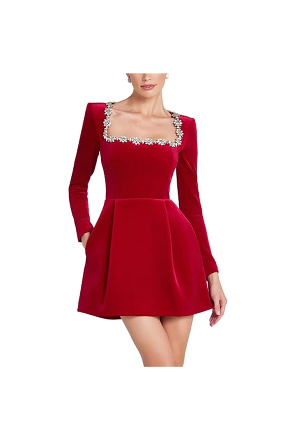 Women's Velvet Bodycon Midi Dresses Elegant Long Sleeve Square Neck Ruffle Hem Cocktail Party Dress Red S