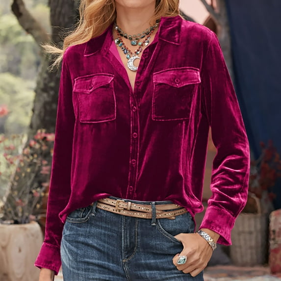 Women's Velvet Button Down Blouse,Velvet Button Down Shirt Women Long Sleeve,Long Sleeve Tee Shirts for Women Gold Velvet Blouse Button Up Vintage Blouse Vneck Lapel Collar Blouse Shirt with Pocket
