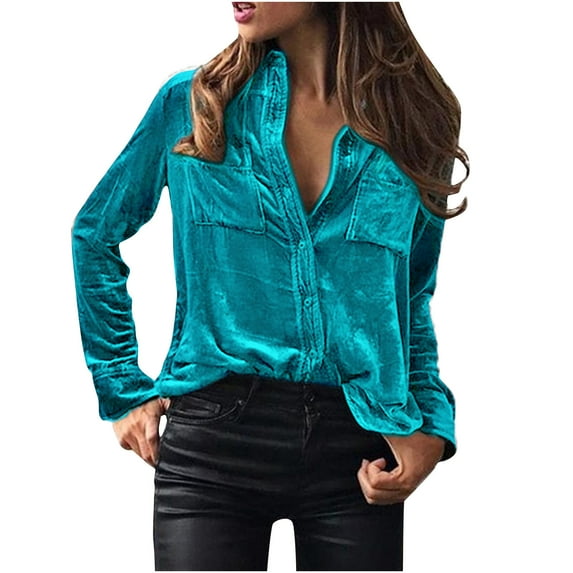 Women's Velvet Button Down Blouse,Velvet Button Up Shirt Women Plus Size,Long Sleeve Tee Shirts for Women Gold Velvet Blouse Button Up Vintage Blouse Vneck Lapel Collar Blouse Shirt with Pocket