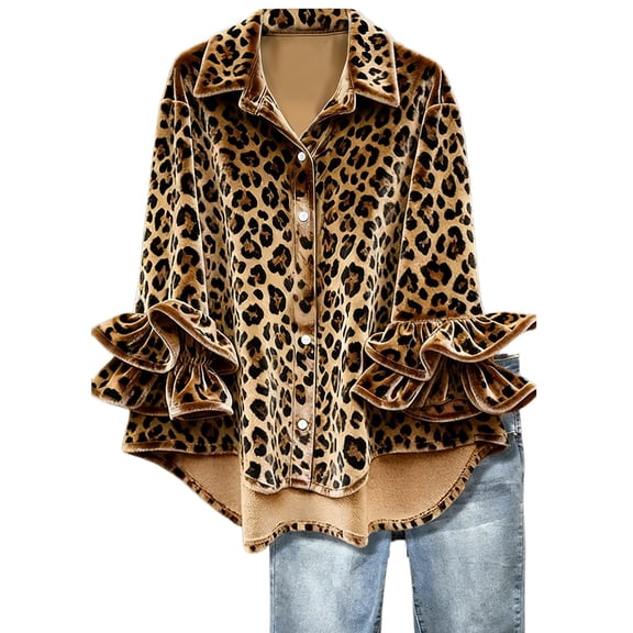 Women's Velvet Button down Shirt with Flared Ruffle Cuffs Oversized Casual Long Sleeve Loose Top Trendy Floral, Plaid, Leopard & Solid Patterns Ladies Blouse 5-Coffee S