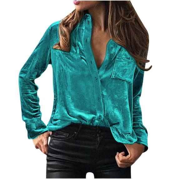 Women's Velvet Button Up Shirts Long Sleeve Lapel V Neck Slim Tunic Tops Front Pocket Solid Comfy Blouses Blue,L