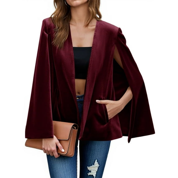 Women's Velvet Cape Blazer Jackets Casual Split Long Sleeve Open Front Coat
