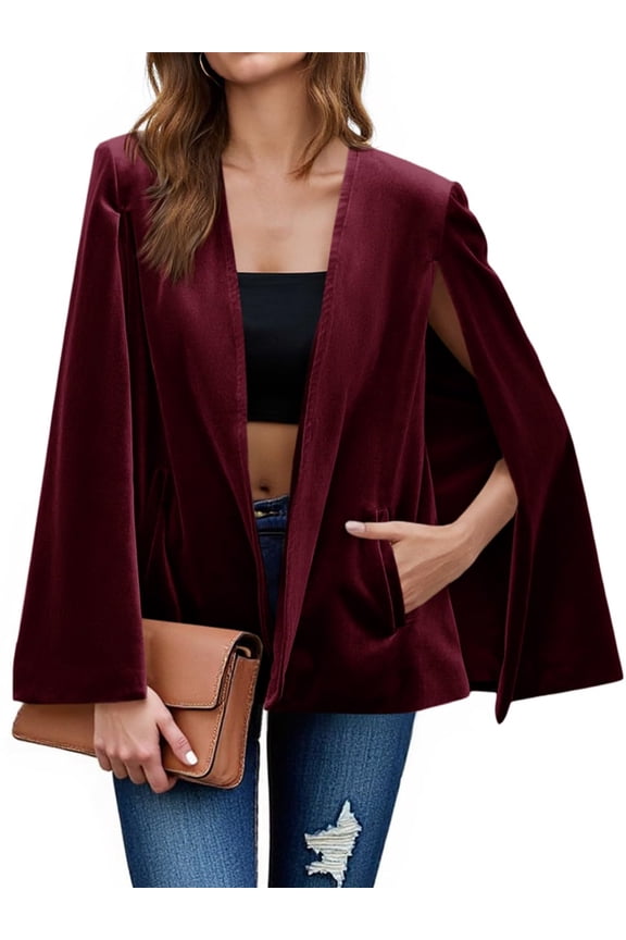 Women's Velvet Cape Blazer Jackets Casual Split Long Sleeve Open Front Coat