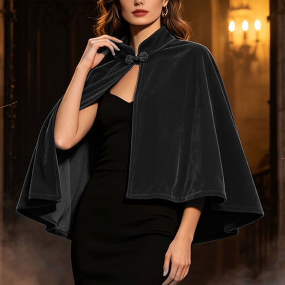 Women's Velvet Cape Shawl, Elegant Stand Collar Cloak With Chinese Knot, Formal Evening Wedding Cover Up & Wrap Black Free Size