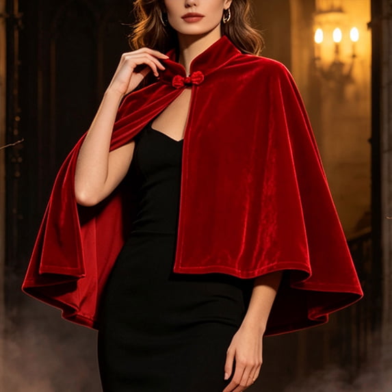 Women's Velvet Cape Shawl, Elegant Stand Collar Cloak With Chinese Knot, Formal Evening Wedding Cover Up & Wrap Wine Free Size