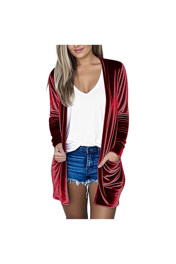 Women's Velvet Cardigan Jacket, Long Sleeve Open Front retro coat, Cardigan Sweater with Pockets
