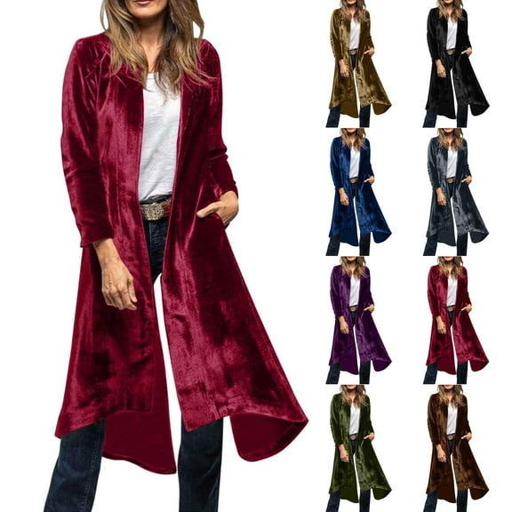 Women's Velvet Cardigans Open Front Long Trench Coat Long Sleeve Lapel Flowy Split Coats Velour Elegant Dressy Casual Jackets Fall Winter Outfits Outerwear with Pockets
