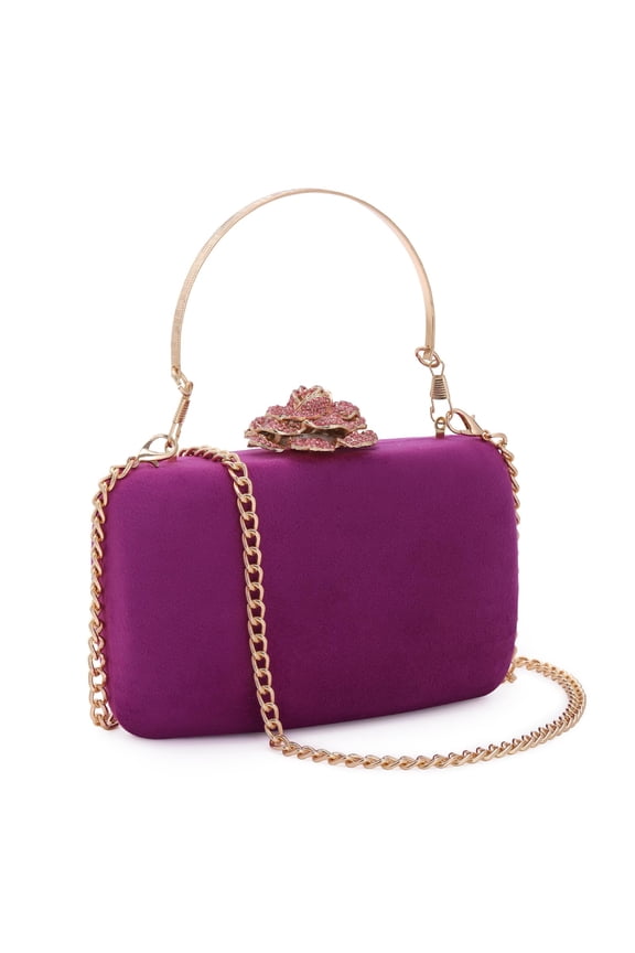 Women's Velvet Clutch Evening Bag Hard Shell with Flower Frame Clasp & Detachable Shoulder Chain for Wedding Prom Party