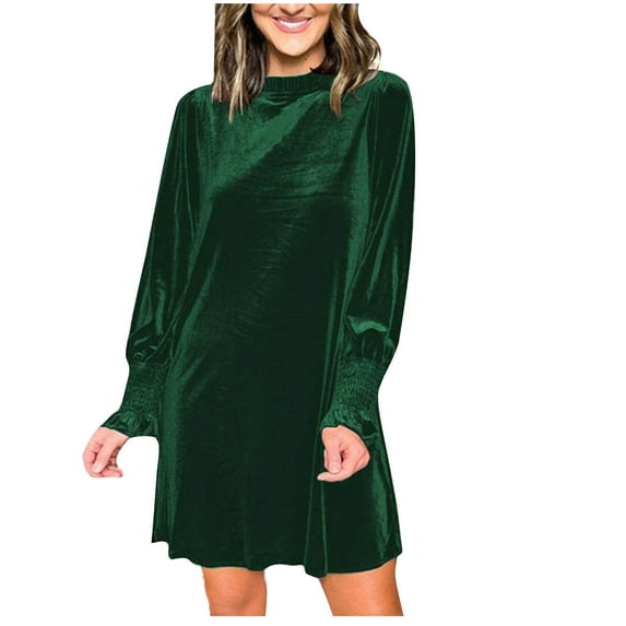 Women's Velvet Cocktail Mini Dresses Fall Winter Mock Neck Long Sleeve A-Line Homecoming Dress Elegant Loose Pleated Party Club Dress