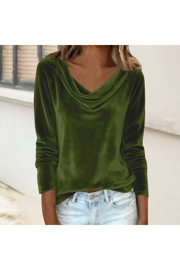 Women's Velvet Cowl Neck Long Sleeve T-Shirt, Elegant Solid Color Draped Neckline Blouse, Luxury Soft Velvet Tops for Holiday Party and Casual Daily Wear Green L