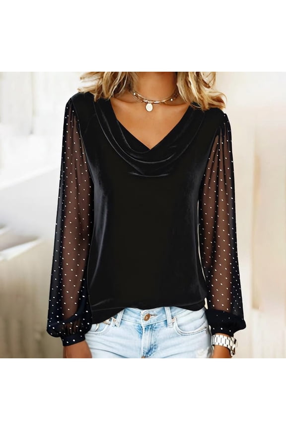 Women's Velvet Cowl Neck Top, Mesh Sleeve Rhinestone Blouse, Long Sleeve Soft Velour Shirt for Holiday Party, Evening Events, Date Night and Winter Fashion Black L