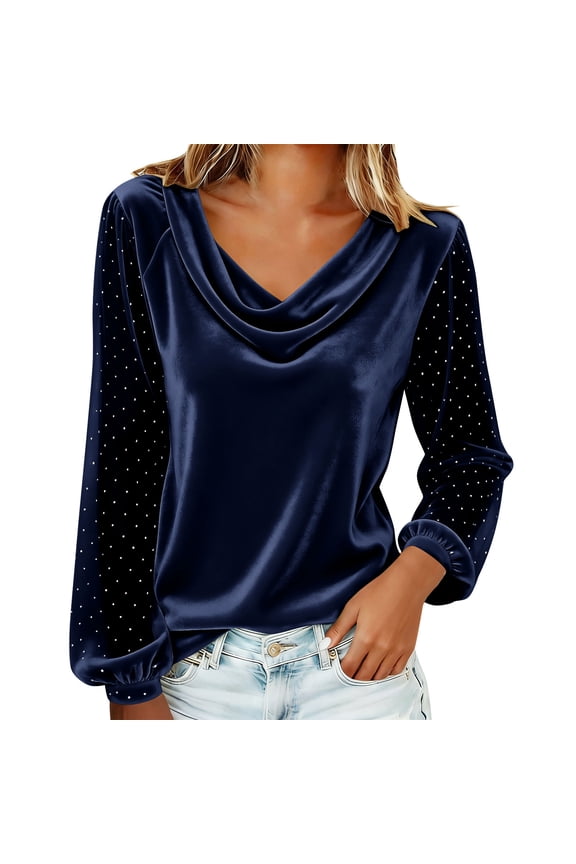 Women’s Velvet Cowl Neck Tops V Neck Long Mesh Sleeve Long Soft Velour Shirts Elegant Winter Fashion Clothing