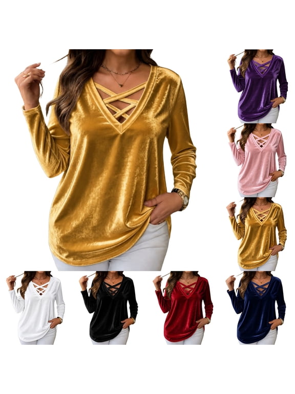 Women's Velvet Criss Cross Top V-Neck Lace Up Long Sleeve Casual Pullover Blouse