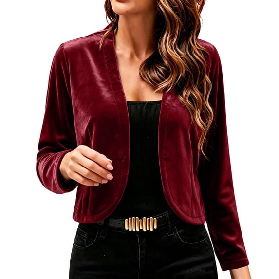 Women's Velvet Cropped Cardigan Jacket, Solid Color Collarless Long Sleeve Open Front Shrug for Party Cocktail Evening Wine S