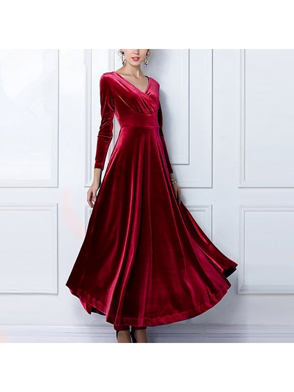 Women's Velvet Dancing Dress Casual Long Sleeve V Neck Slimming Long Dress Elegant Flowy Swing Tunic Party Gown Maxi Dresses