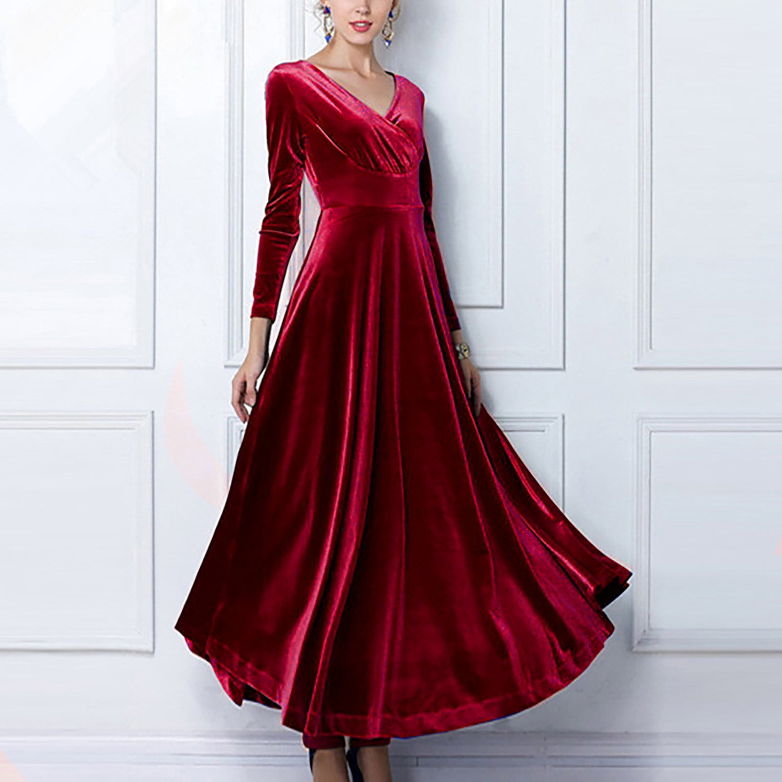 Dress Women Women's Long Sleeve Midi Dress - V Neck Loose Swing Dress Burgundy, Rayon Spandex Women's Flowy Midi Dress Dress Women Women's Long Sleeve Midi Dress - V Neck Loose Swing Dress Burgundy, Rayon Spandex Women's Flowy Midi Dress