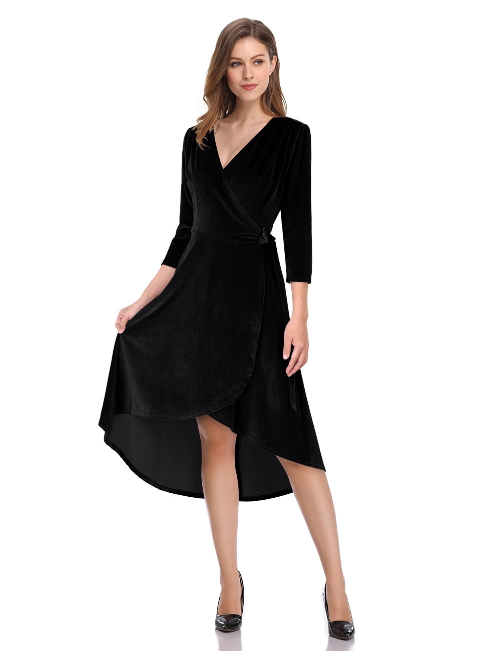 V neck 3/4 sleeve banded double layer dress