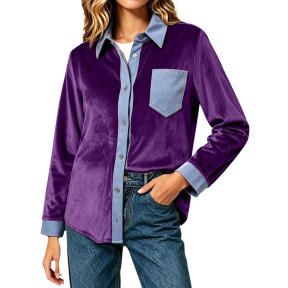 Women's Velvet Denim Trim Shirt Long Sleeve Button Down Casual Blouse Contrast Chambray Collar Rolled Cuffs Shirts with Chest Pocket, Soft Velour blouses, Smart Casual Outerwear